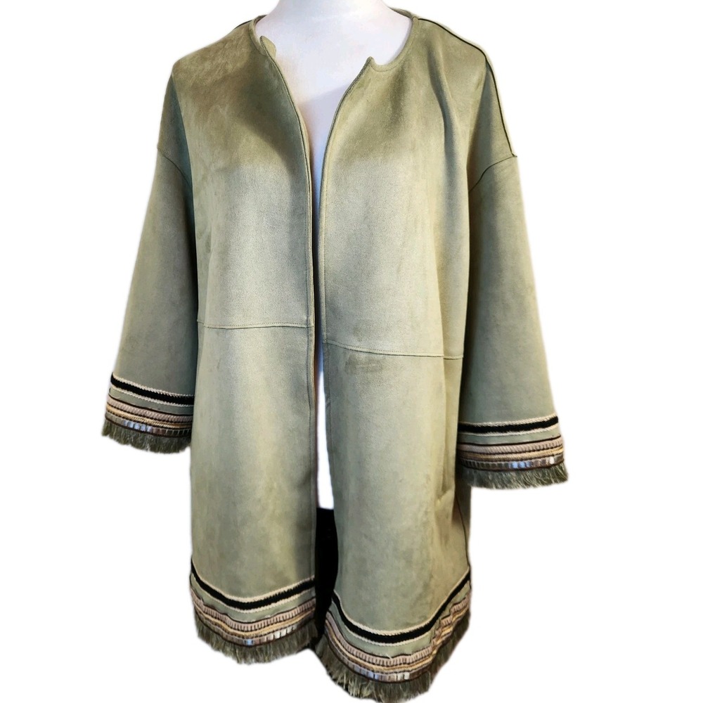 ZARA Womens XL Jacket Embroidered Fringe Western Green Faux Suede Boho NEW NWT‎